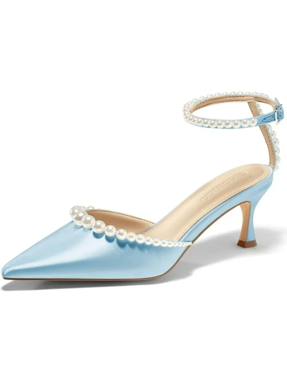 Women's Blue Pearl Kitten Heel Closed Pointed Toe Ankle Strap Dress Shoes